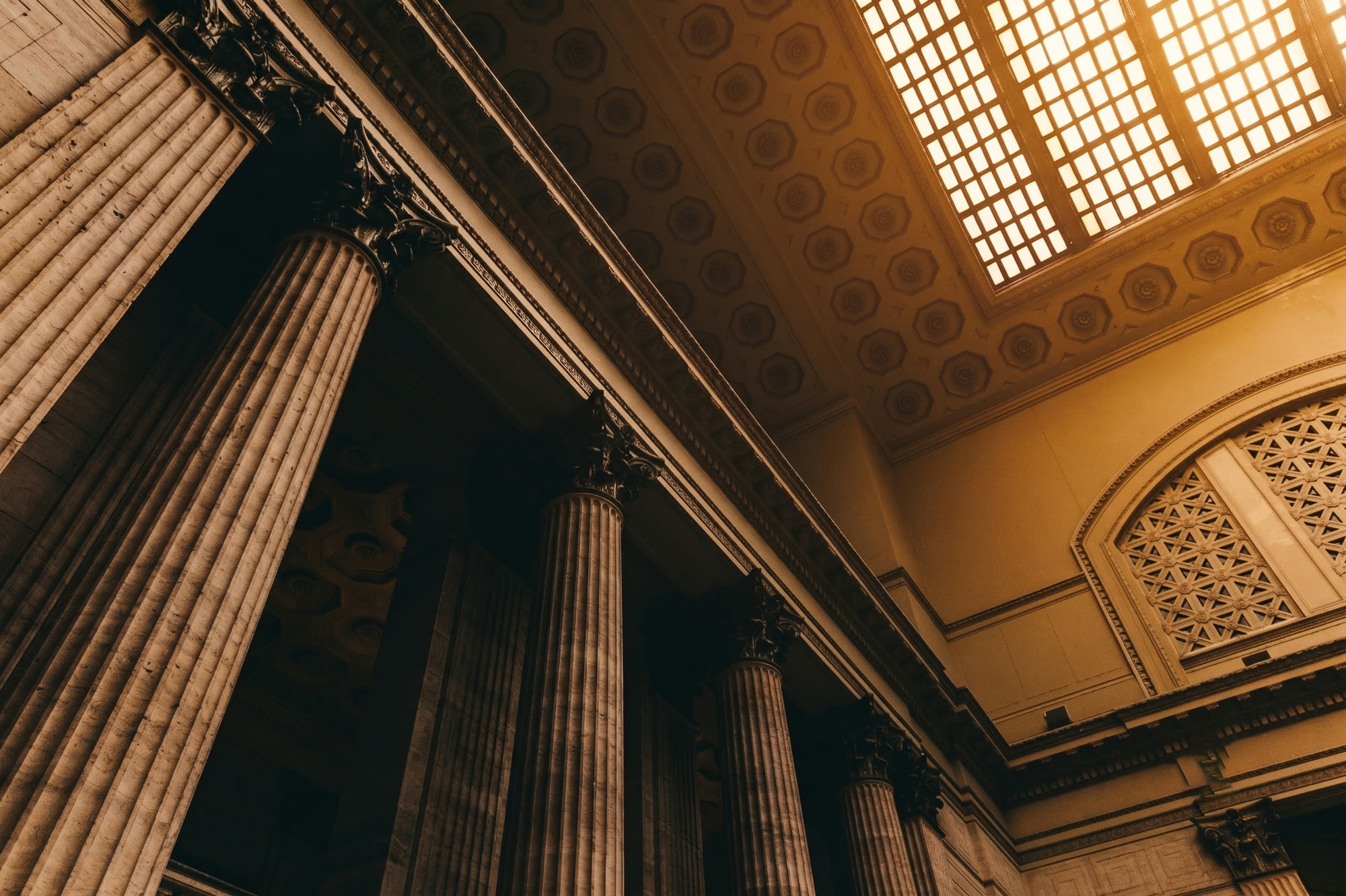 Classical courthouse interior with stone columns